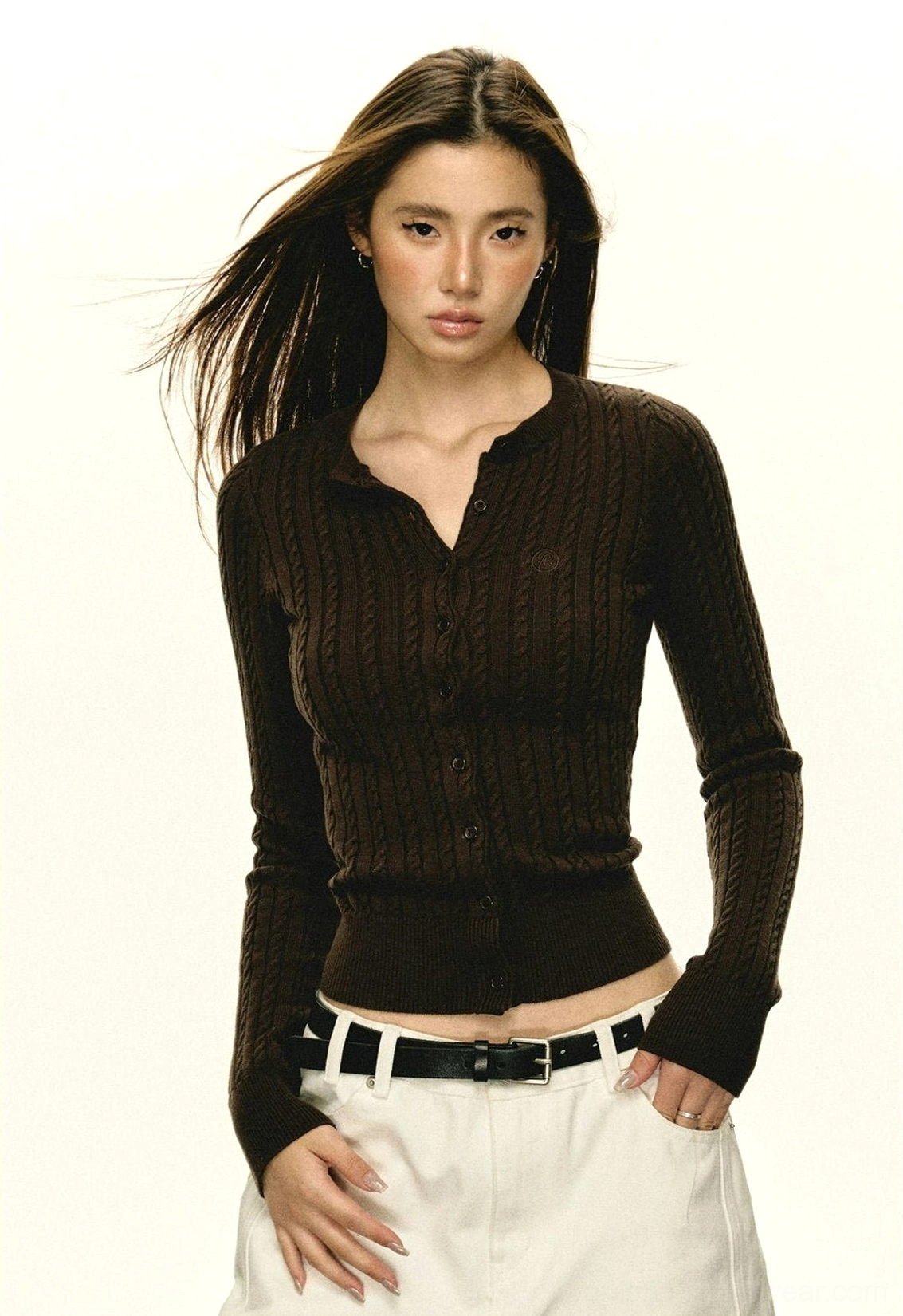Dark brown women's cropped cable knit button cardigan slim Seoul streetwear product view