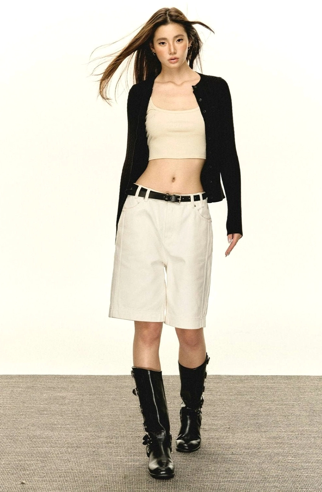Women's slim cropped cable knit button cardigan versatile everyday Seoul fashion outfit