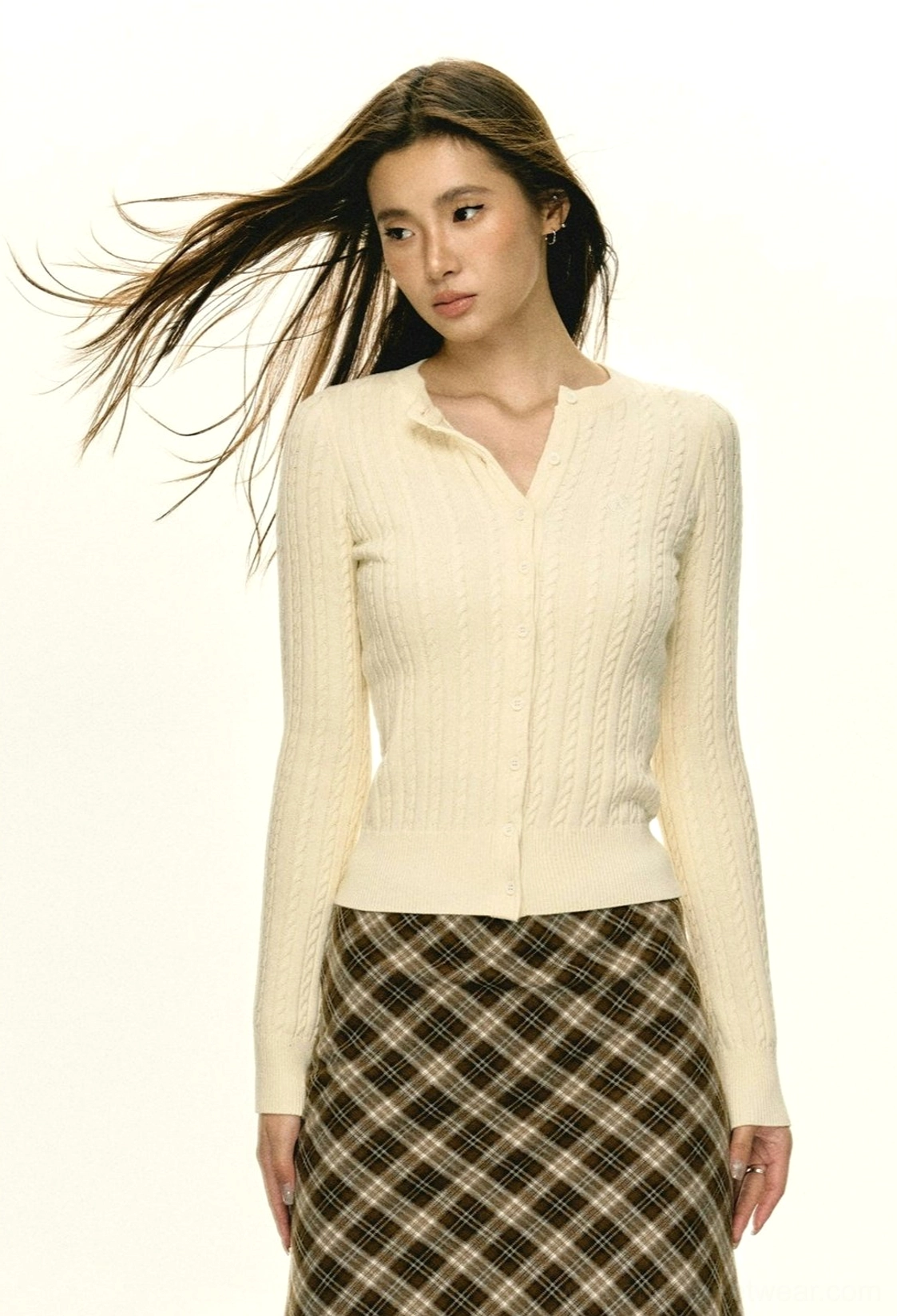 Women's slim cropped cable knit button cardigan textured knitwear detail view