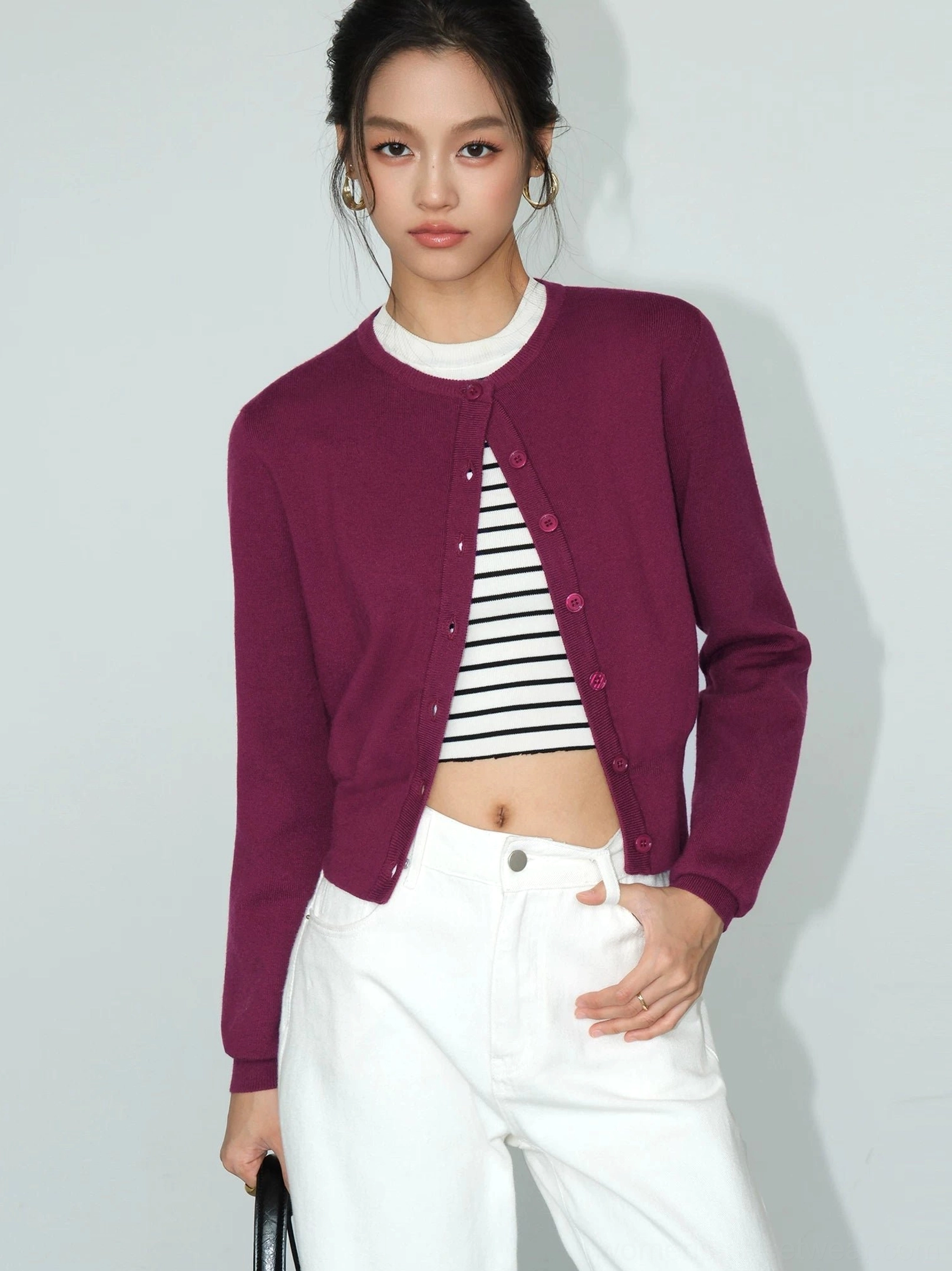 Berry red women's cropped crew neck button front knit cardigan with matching buttons and ribbed trim