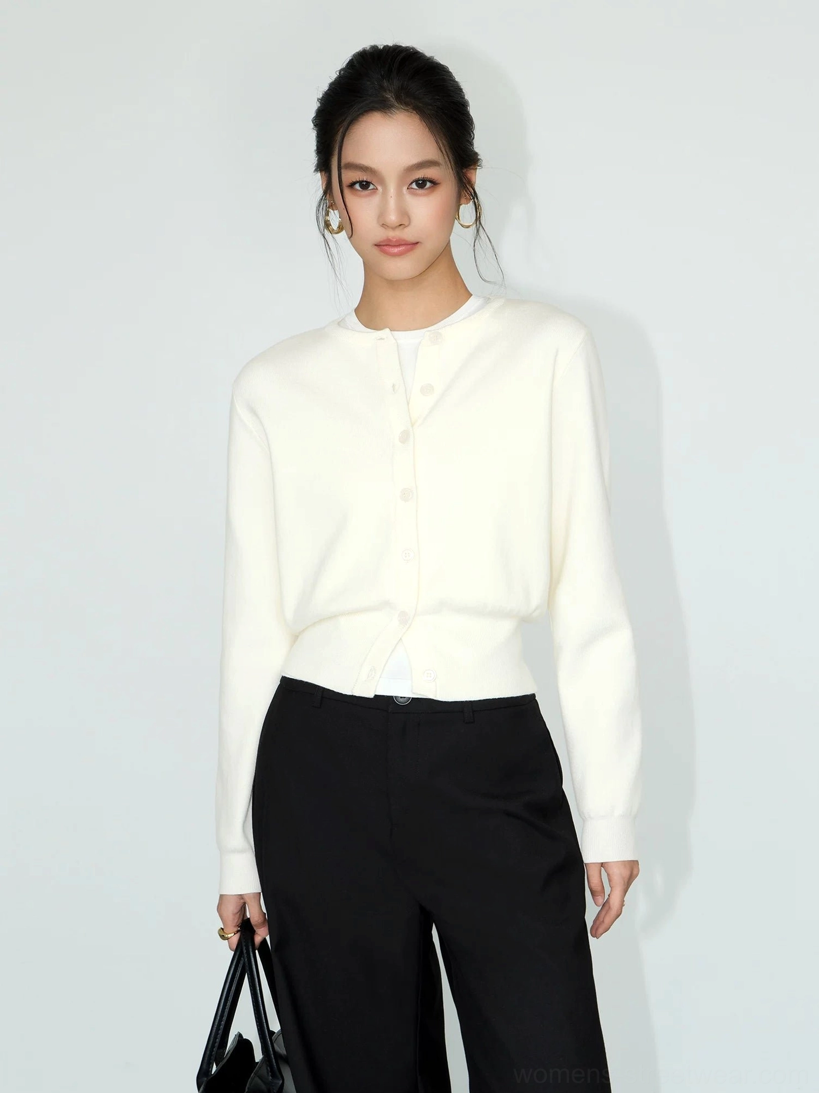 Light apricot women's cropped crew neck button front knit cardigan soft neutral long sleeve layer