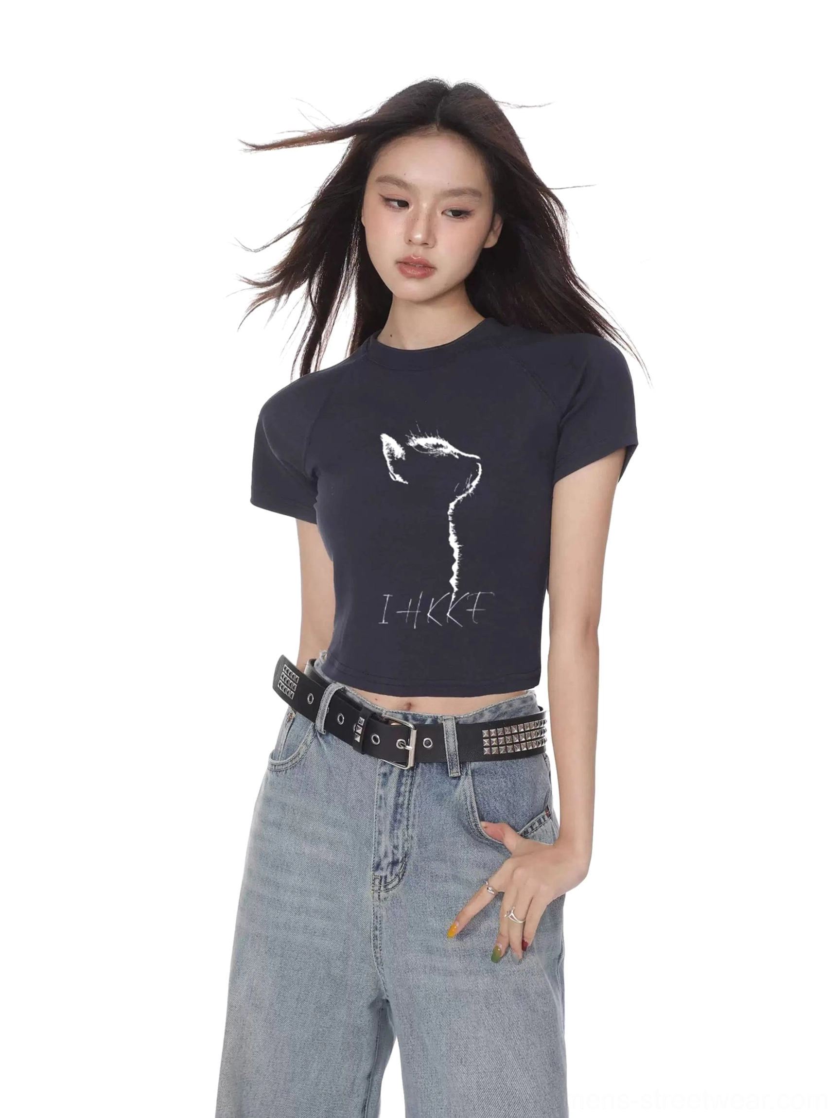 Women's cropped fitted cat print t-shirt with playful graphic lettering and modern Y2K attitude