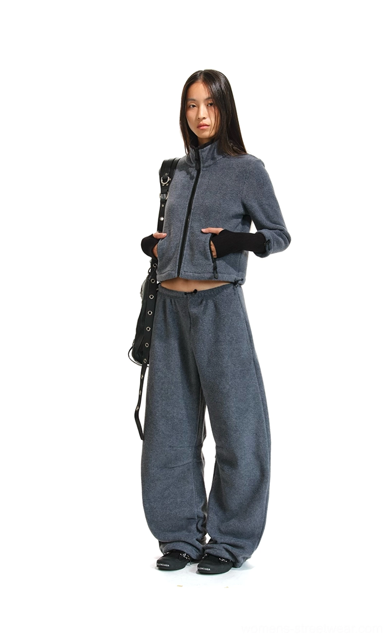 Women's cropped fleece jacket and curved-leg pants styled for Y2K Korean streetwear