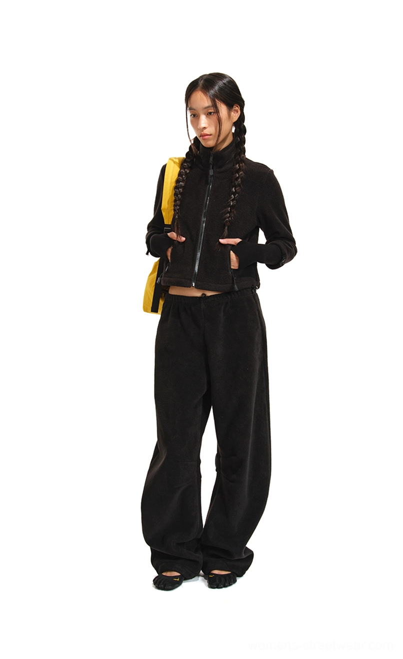 Women's cropped fleece zip jacket and curved-leg pants streetwear outfit product view