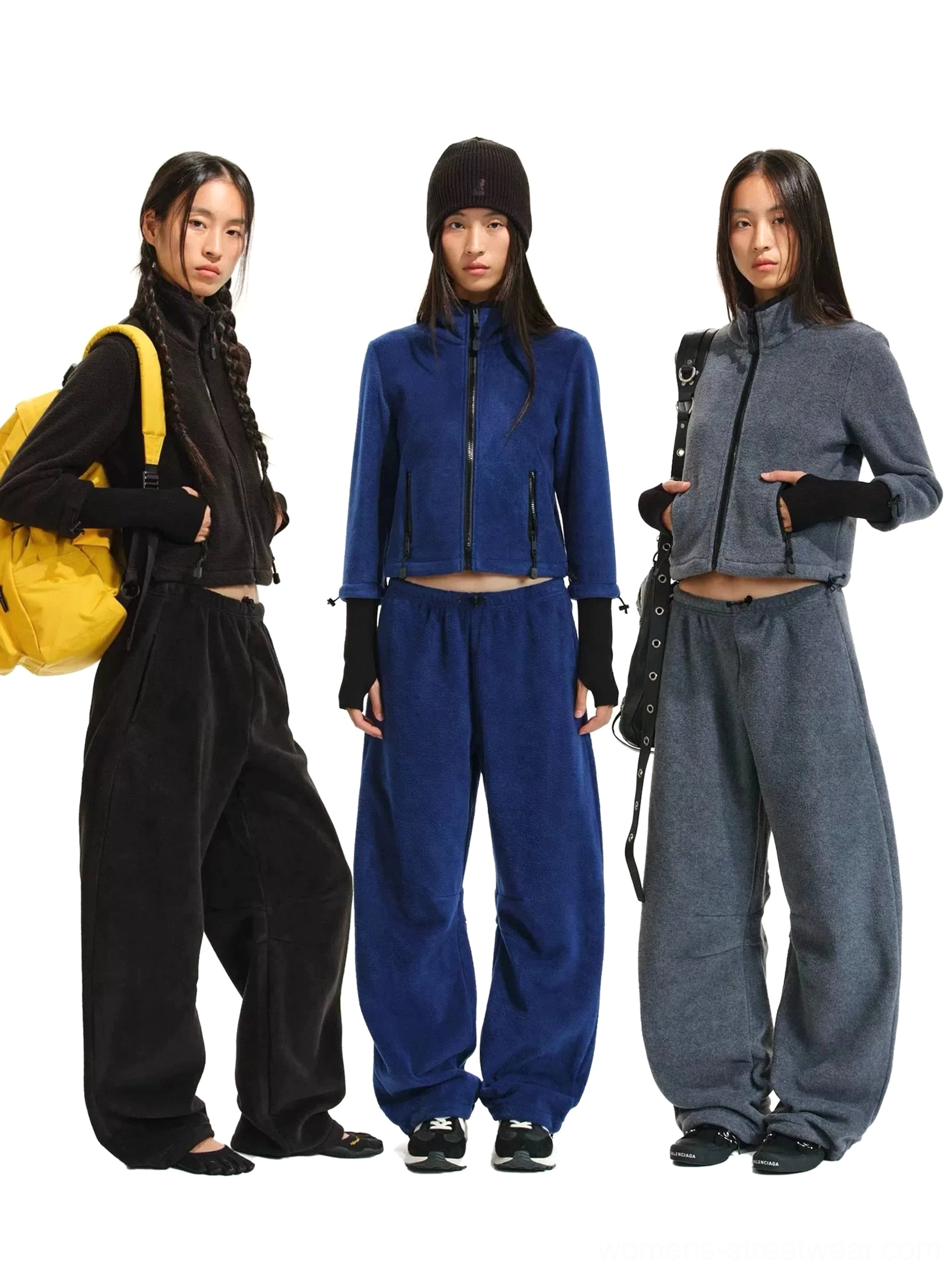 Women's cropped fleece zip jacket and curved-leg pants in black royal blue and heather gray streetwear colorways