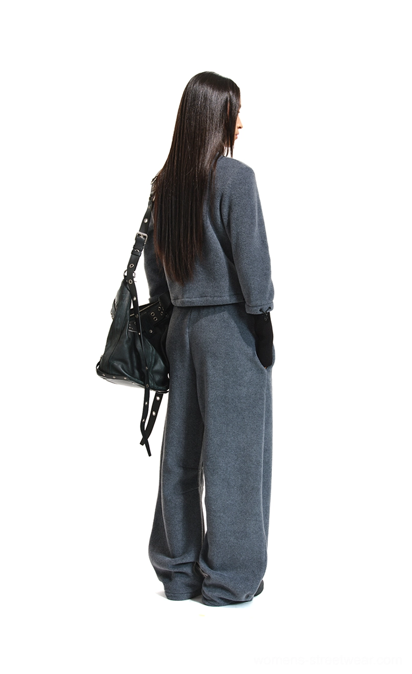 Women's cropped fleece zip jacket with soft textured finish and relaxed streetwear pants