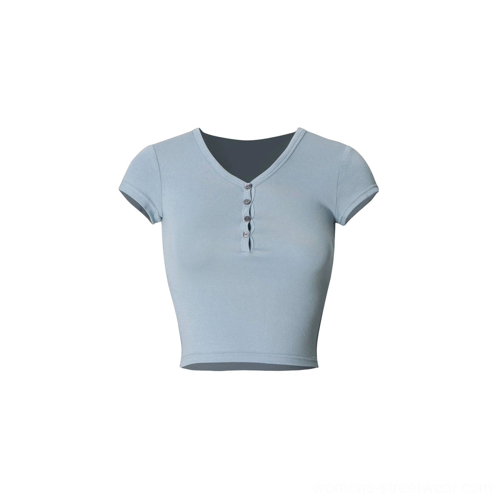 Women's narrow shoulder cropped Henley T-shirt with adjustable button neckline close-up product view