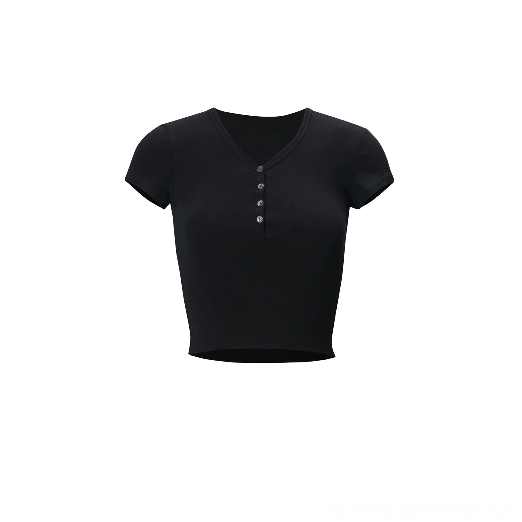 Black women's cropped Henley baby tee with narrow shoulders and fitted short sleeve silhouette