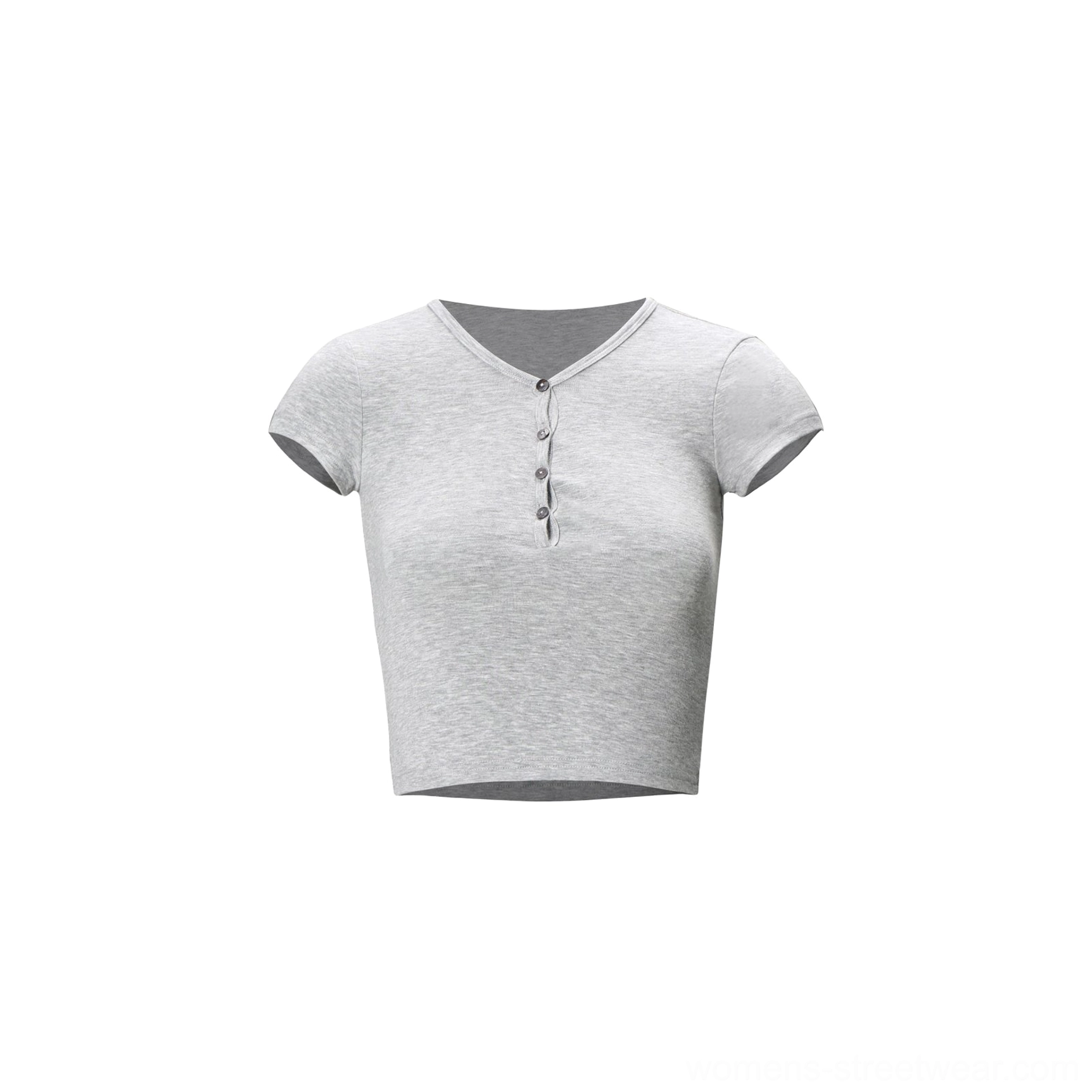 Heather gray women's cropped Henley baby tee with narrow shoulders and contrast button front