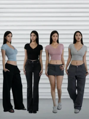 Women's cropped Henley baby tee color options in light blue black dusty pink and heather gray streetwear styling