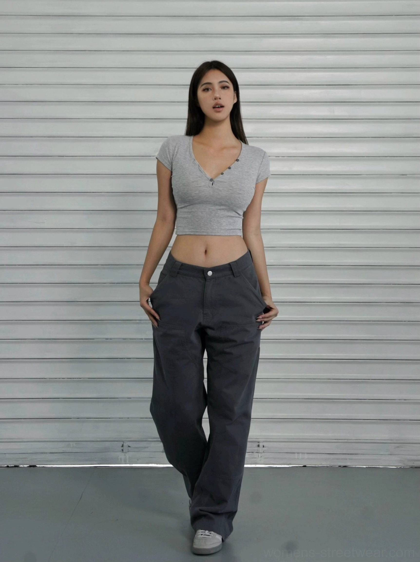 Women's cropped Henley baby tee with narrow shoulders and fitted stretch cotton construction product detail