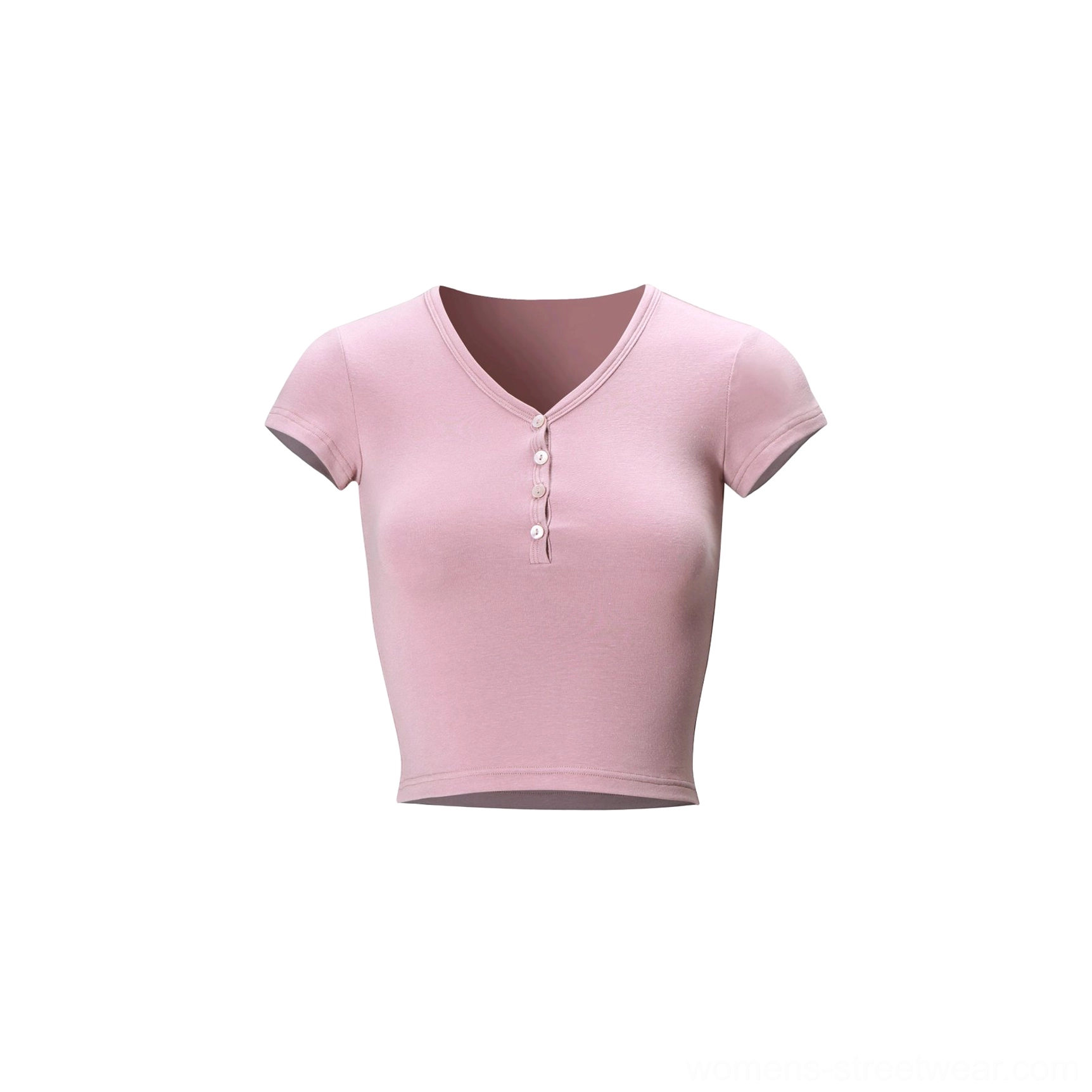 Dusty pink women's cropped Henley baby tee with narrow shoulders and slim fit cropped silhouette
