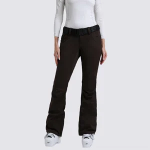 Women's dark brown flared snow ski pants with sleek solid shell, fitted hip and thigh, black waist belt, and ski boots