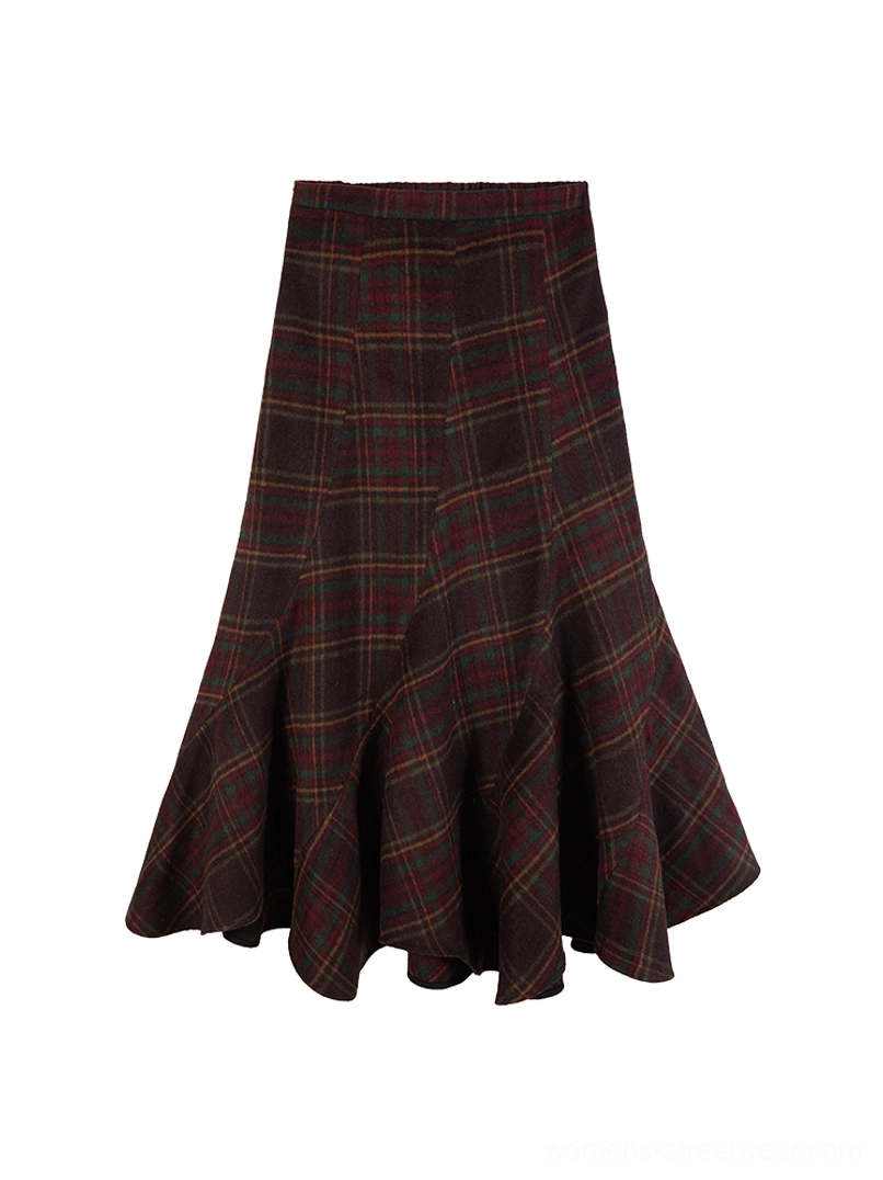 Women's high-waisted dark brown plaid midi skirt with colorful check pattern, elastic waist, and ruffled flared hem