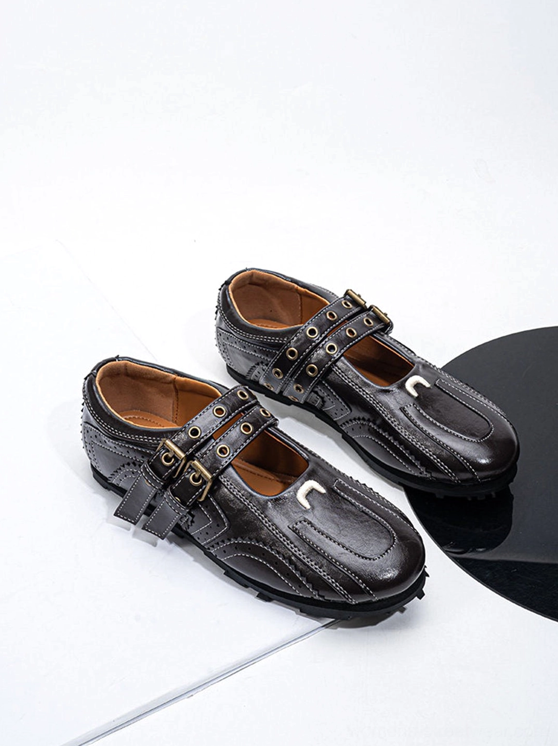 Women's dark coffee square-toe buckle flats with retro brogue-inspired streetwear details
