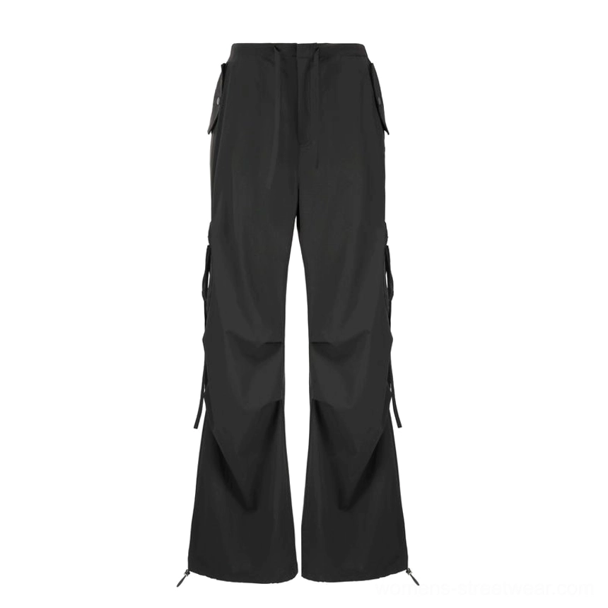 Women's dark gray side-tie wide-leg cargo pants with long utility tie accents Korean fashion product view