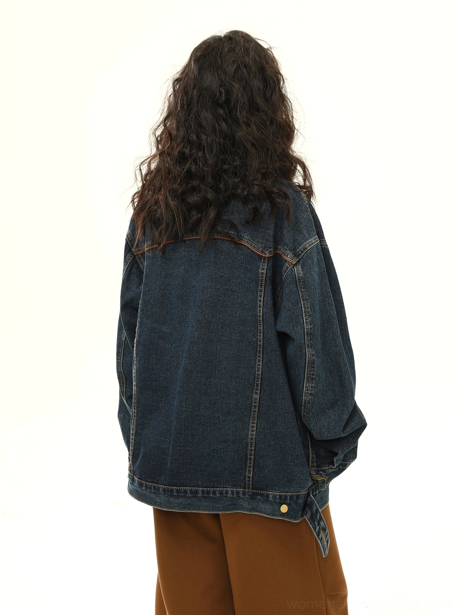 Women's dark wash denim racing jacket with contrasting corduroy collar and expressive Y2K streetwear design