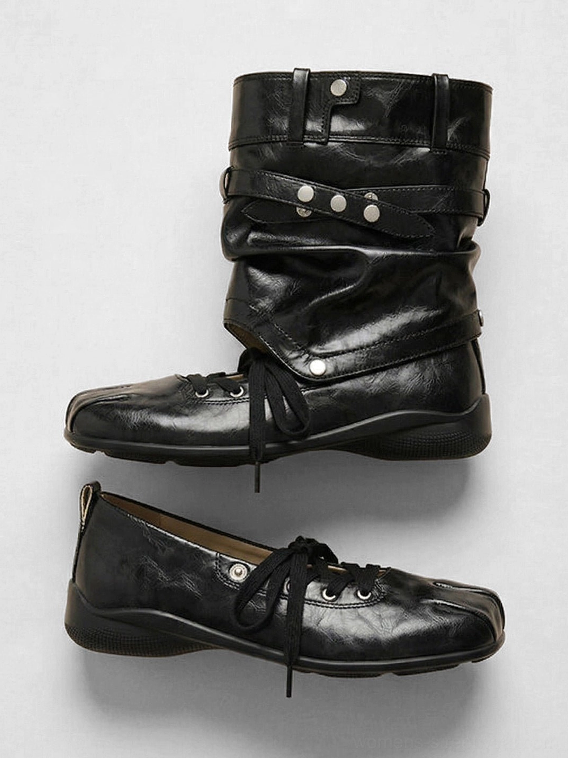 Side three-quarter product view of women's black detachable bow cutout square-toe utility boots