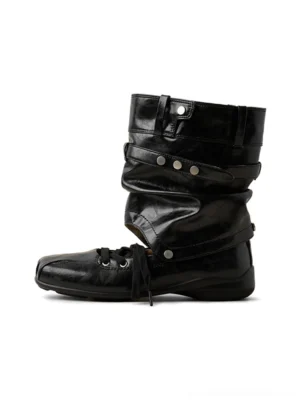 Women's detachable bow cutout square-toe utility boots in black shown in a three-quarter product view