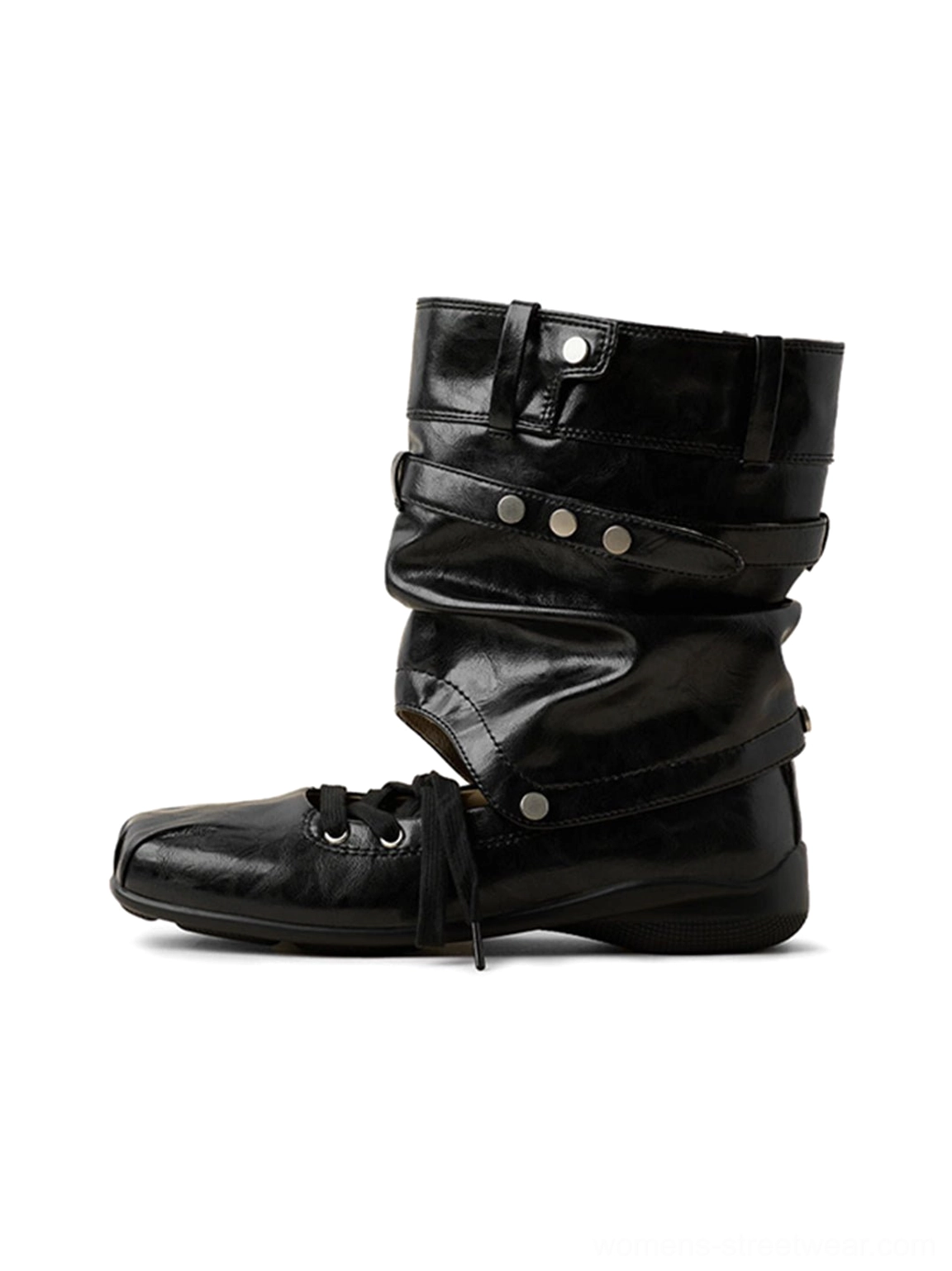 Women's detachable bow cutout square-toe utility boots in black shown in a three-quarter product view
