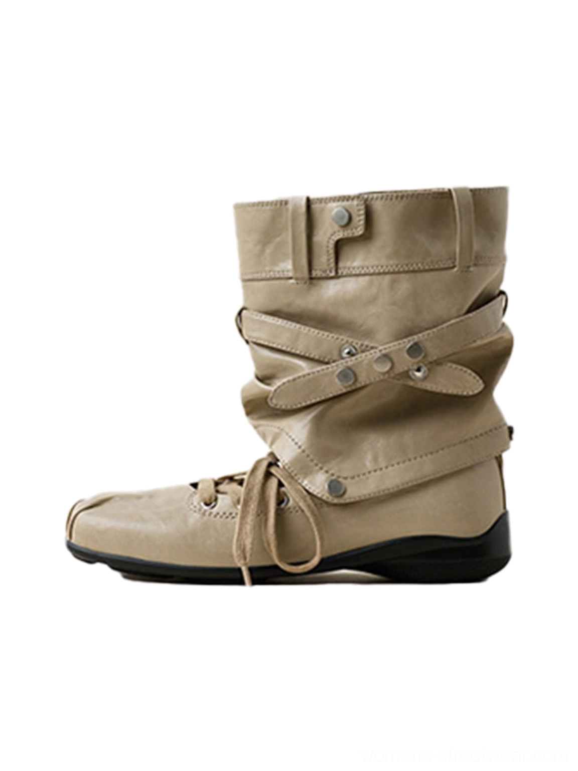 Women's detachable bow cutout square-toe utility boots with layered strap hardware detail