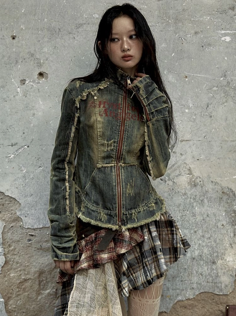 Women’s distressed denim corset jacket for Acubi fashion, Korean style, and urban streetwear looks