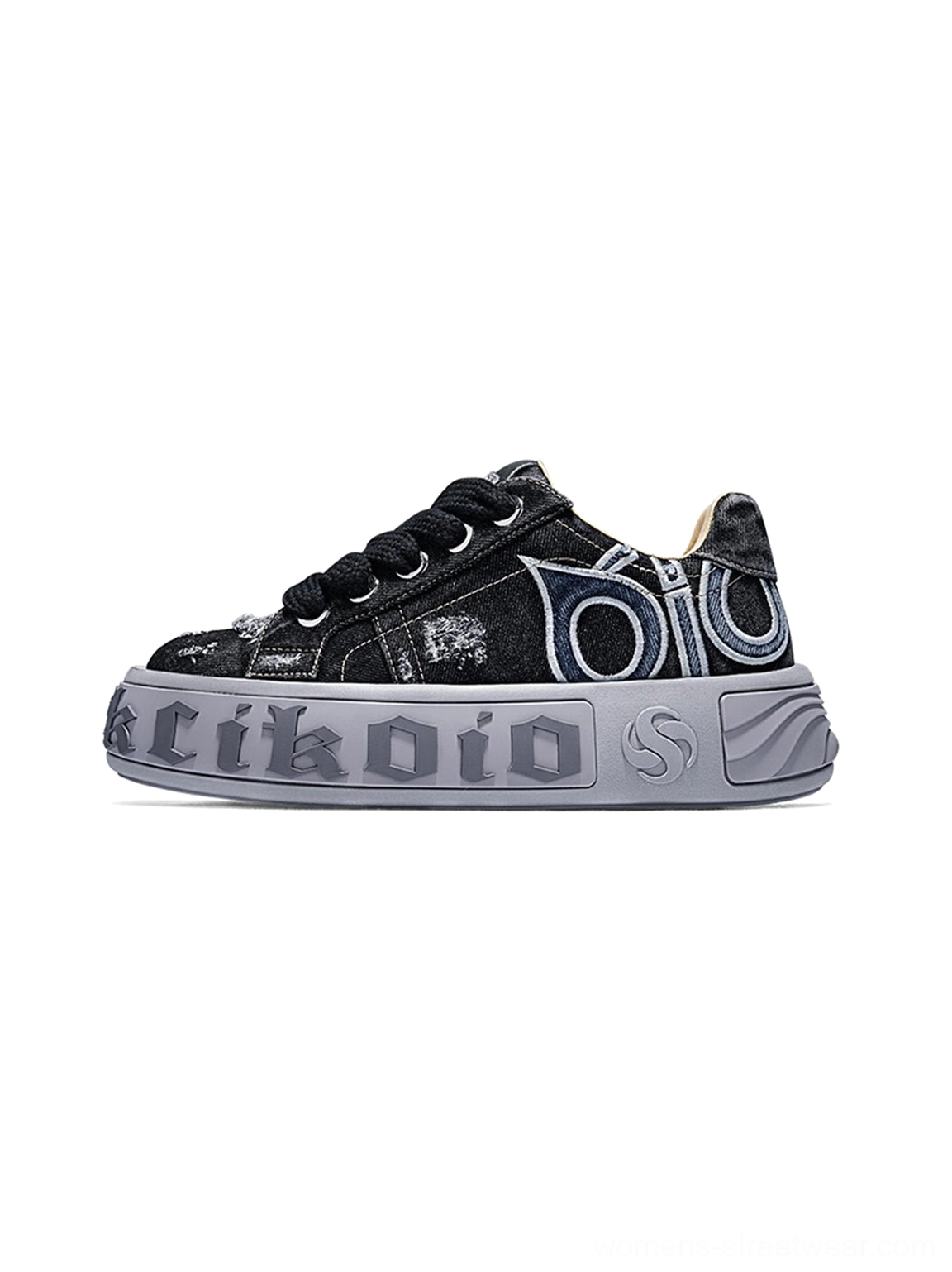 Women’s distressed denim platform sneakers featuring a rugged washed upper and bold skate-inspired silhouette