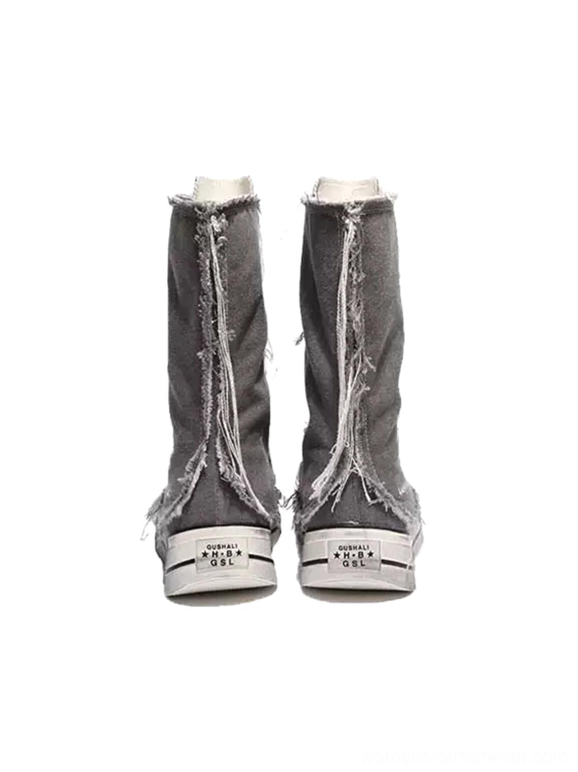 Distressed high-top canvas platform boots for women with lace-up fastening, frayed fabric, and rugged streetwear styling