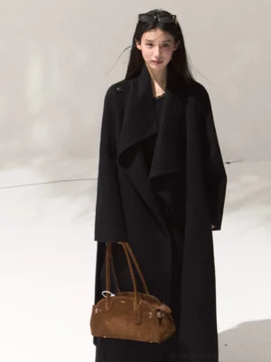 Women's dark chocolate long draped wool overcoat with relaxed lapel and oversized Seoul minimalist silhouette