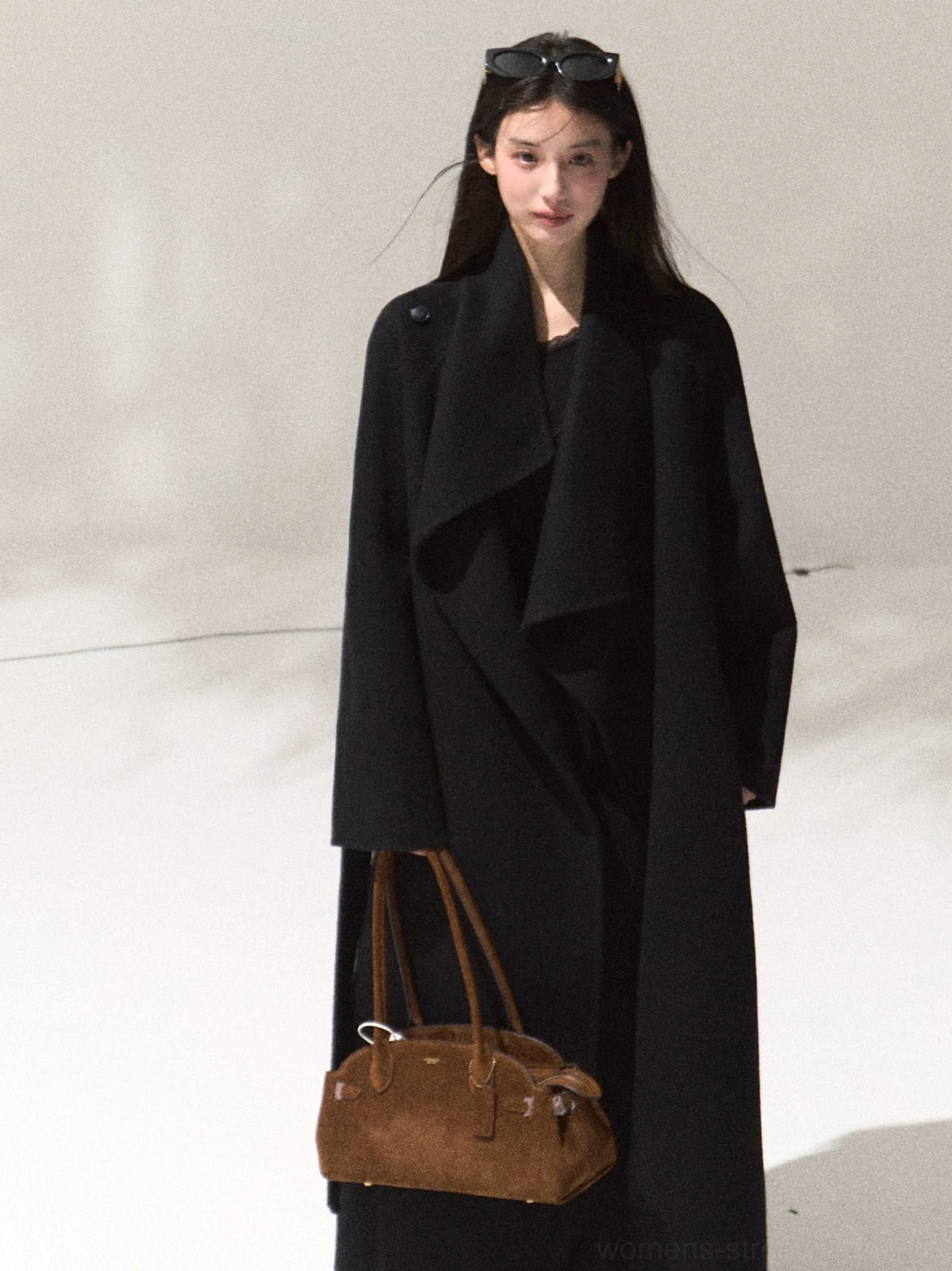 Women's dark chocolate long draped wool overcoat with relaxed lapel and oversized Seoul minimalist silhouette