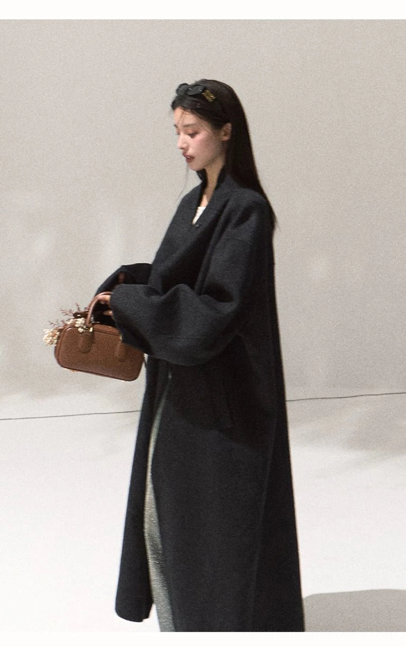 Women's draped wool longline overcoat in Seoul minimalist style detailed product view