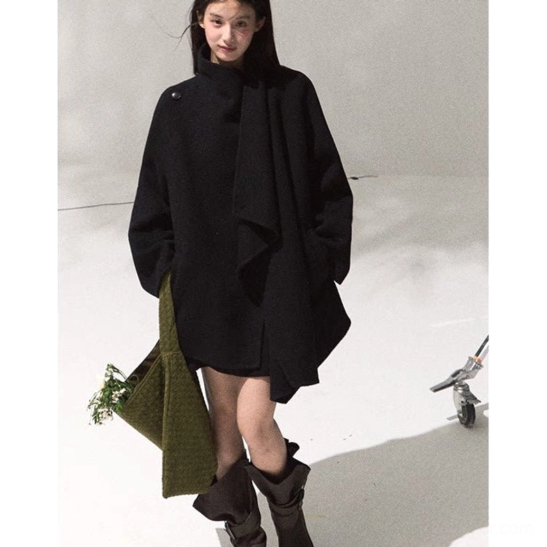 Women's dark chocolate short draped wool overcoat with soft lapel and relaxed streetwear layering fit