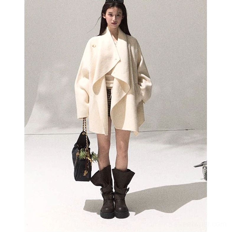 Women's white short draped wool overcoat with relaxed oversized silhouette in Korean minimalist style