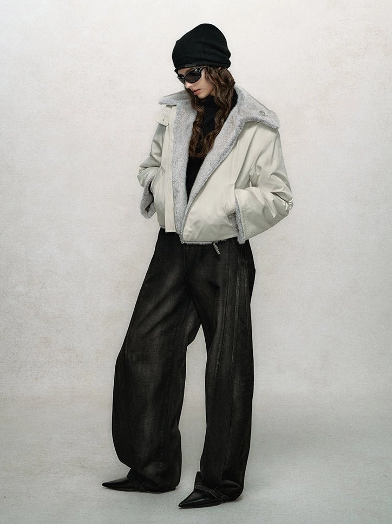 Women's faux fur cropped bomber jacket designed for cozy winter outfits, Seoul fashion styling, and contemporary casual wear