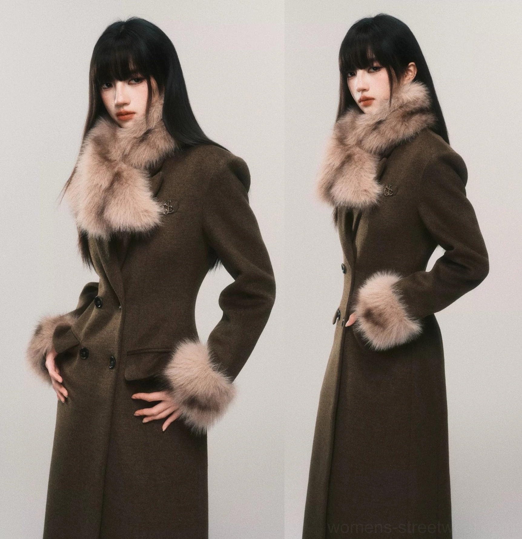 Close-up of women's tailored faux fur cuff wool blend maxi coat showing plush scarf texture, cuff trim, shaped waist and double-breasted buttons
