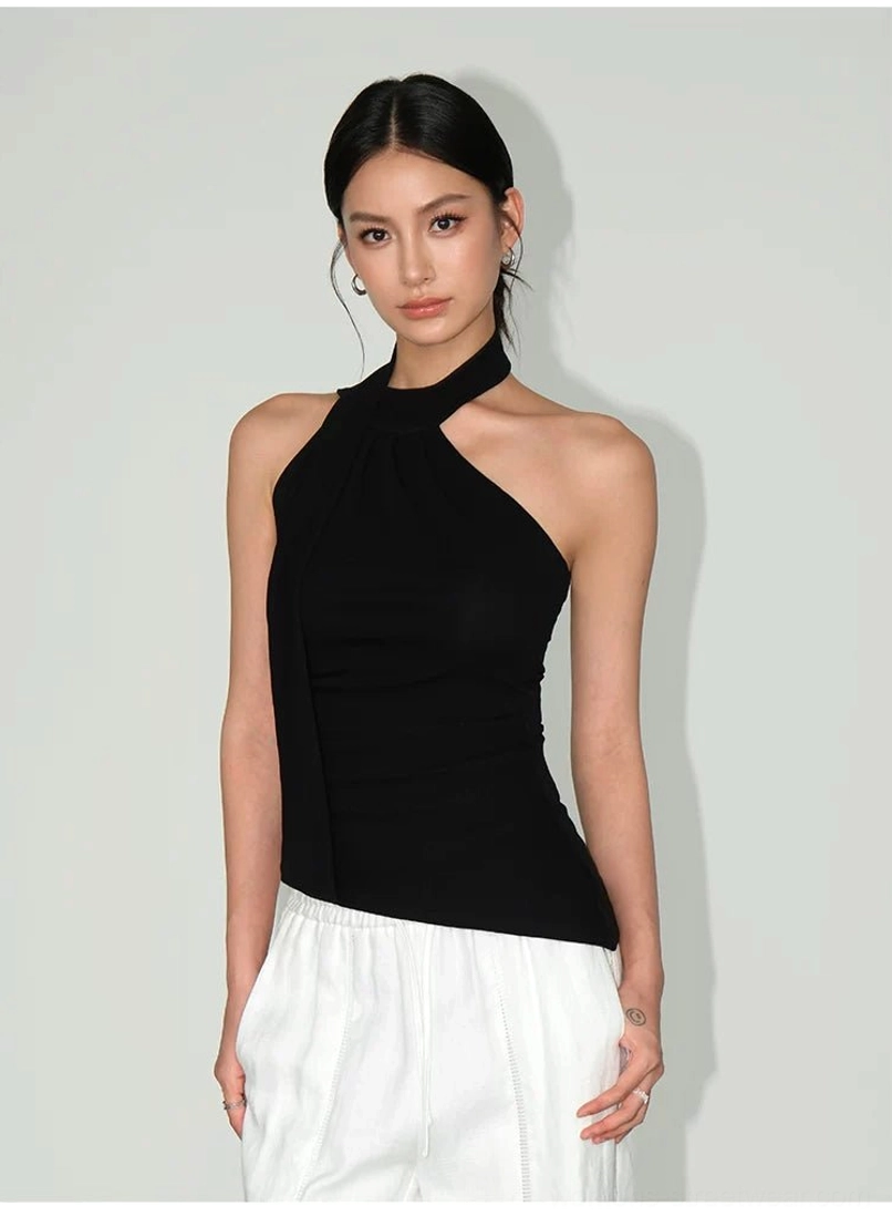 Women’s fitted asymmetric halter top in stretch viscose knit designed for Acubi and contemporary streetwear outfits
