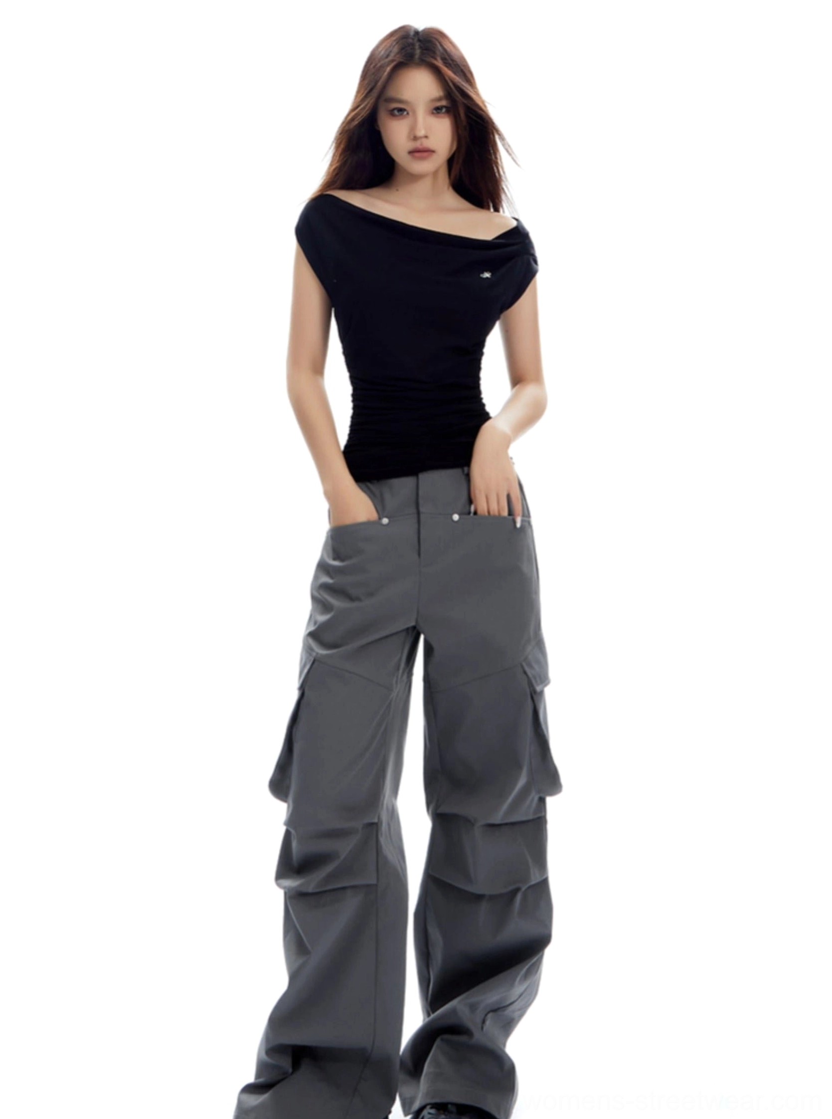 Women's fitted ruched shoulder top with draped neckline and modern Seoul-inspired streetwear styling