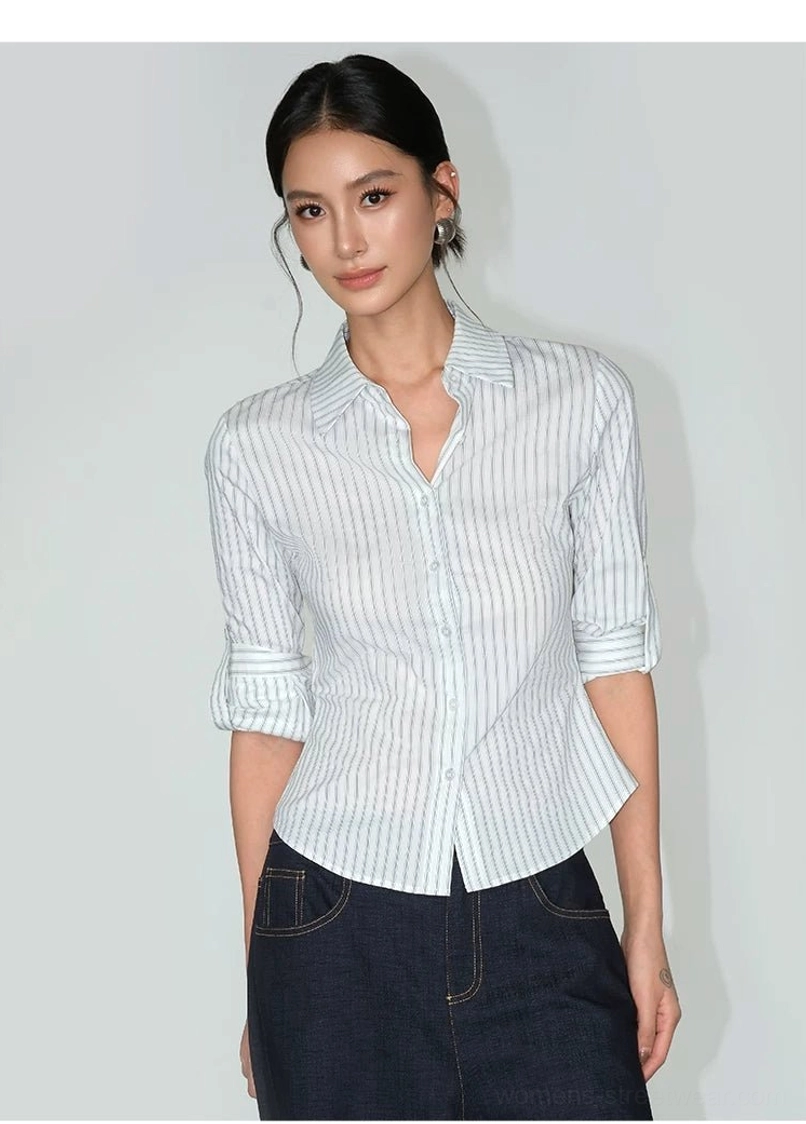 Women's fitted vertical stripe shirt designed for minimalist workwear, Seoul fashion, and modern smart-casual outfits