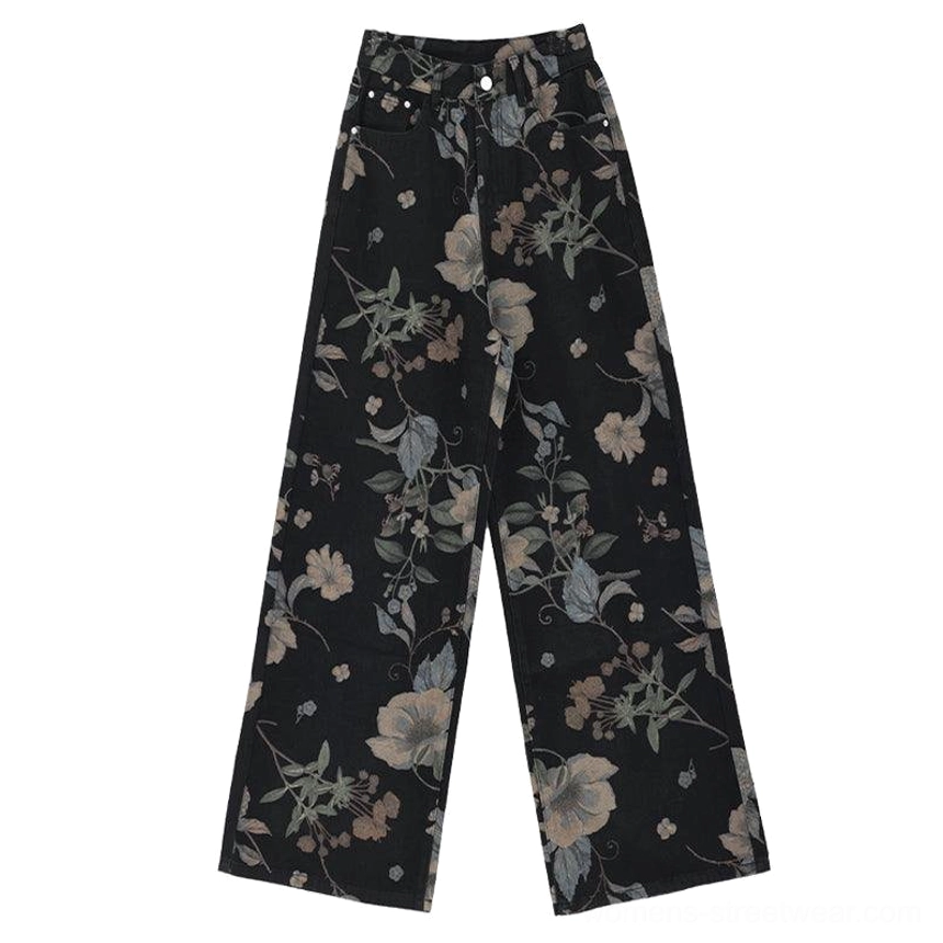 Women's floral distressed wide-leg jeans styled as statement streetwear denim for everyday wear