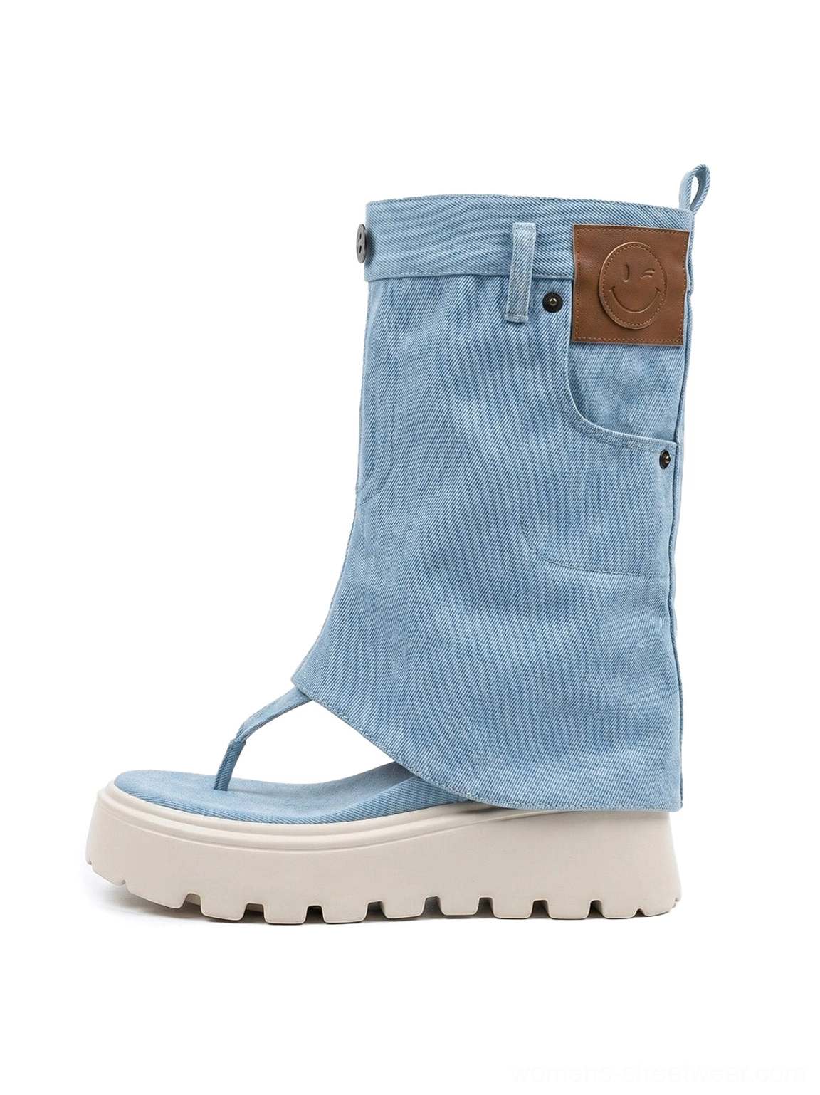 Light blue fold-over thong platform Roman sandal boots with washed textile shaft and white lug sole side view