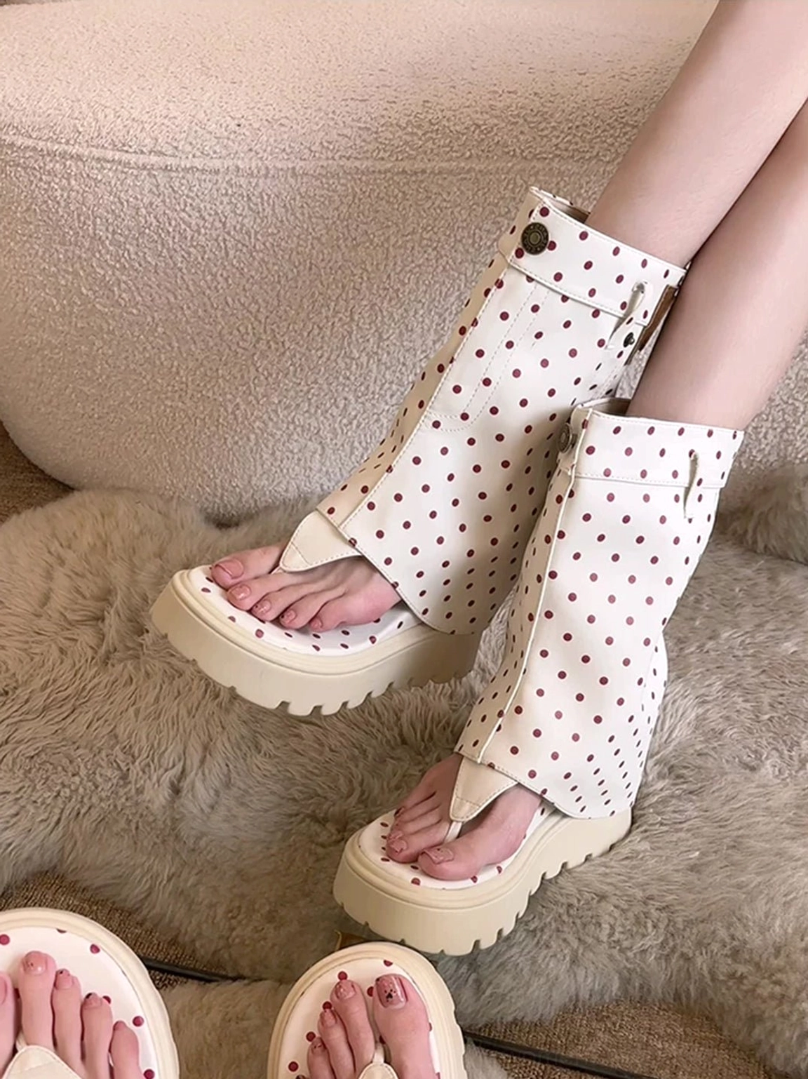 Women's chunky platform Roman sandal boots with fold-over boot shaft and thong front detail