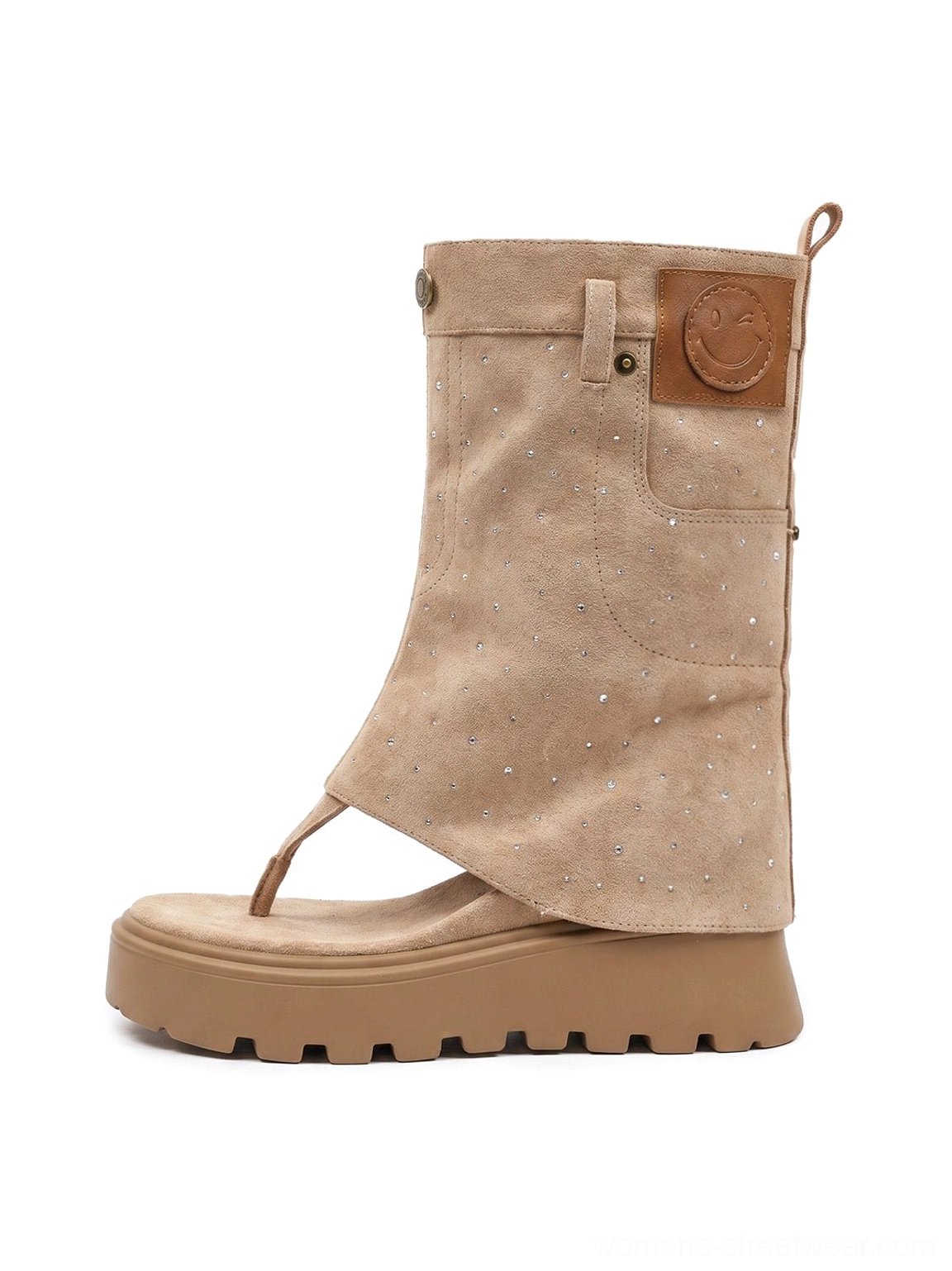 Khaki thong platform Roman sandal boots with studded suede-look upper and brown lug sole side view