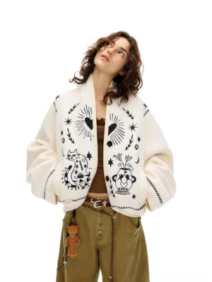 Women's off-white folk tale embroidered cropped sherpa jacket with black star heart and cat motifs front close-up