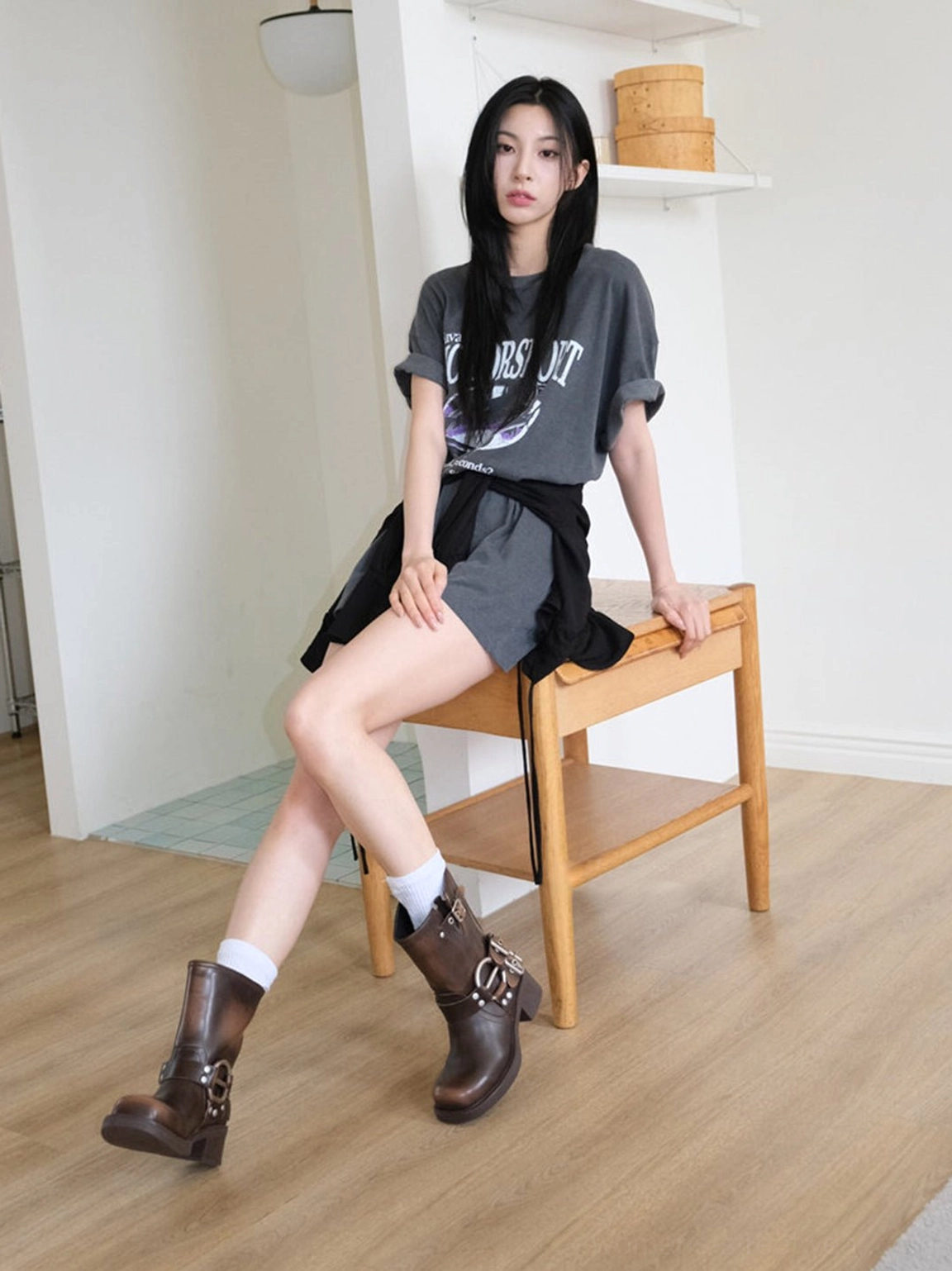 Women's genuine leather square-toe cowboy boots with double harness buckles in black and brown color options