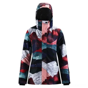 Women’s multicolor geometric mountain print hooded ski jacket with front zipper, long sleeves, and slim alpine streetwear fit on white background