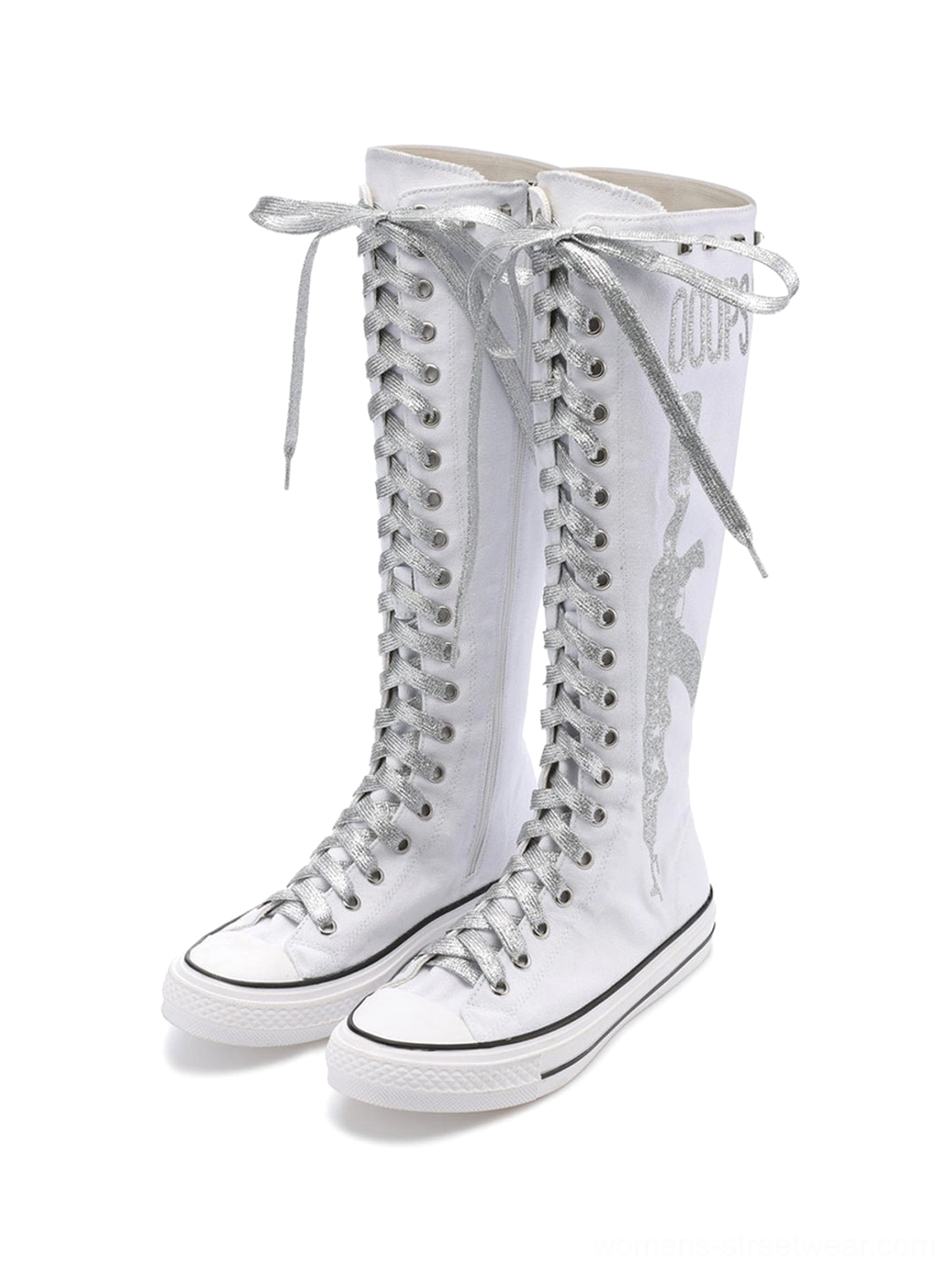 Women's knee-high canvas punk boots featuring bold printed artwork, silver laces, round toes, and contrasting flat rubber outsoles