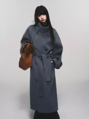 Women's heather gray belted double-breasted wool maxi trench coat front full body streetwear outfit