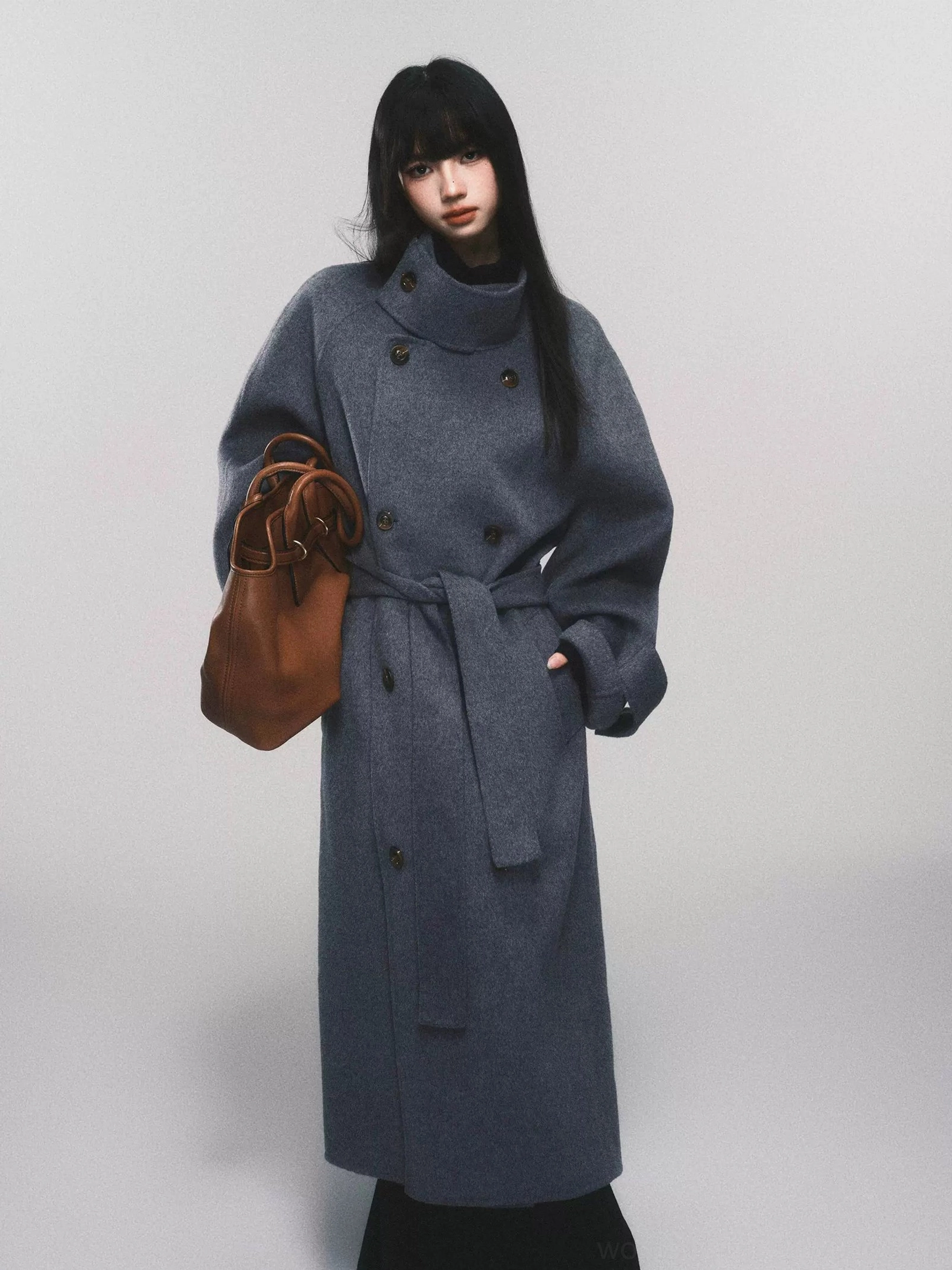 Women's heather gray belted double-breasted wool maxi trench coat front full body streetwear outfit
