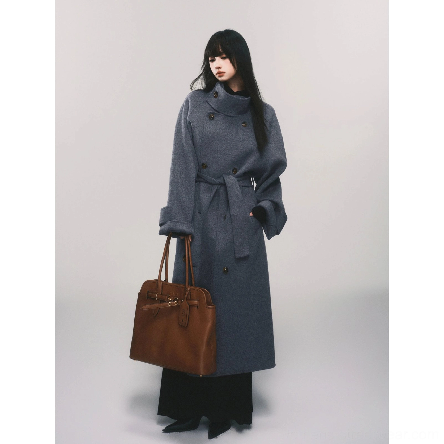 Women's gray belted double-breasted wool maxi trench coat long Korean fashion winter outerwear view