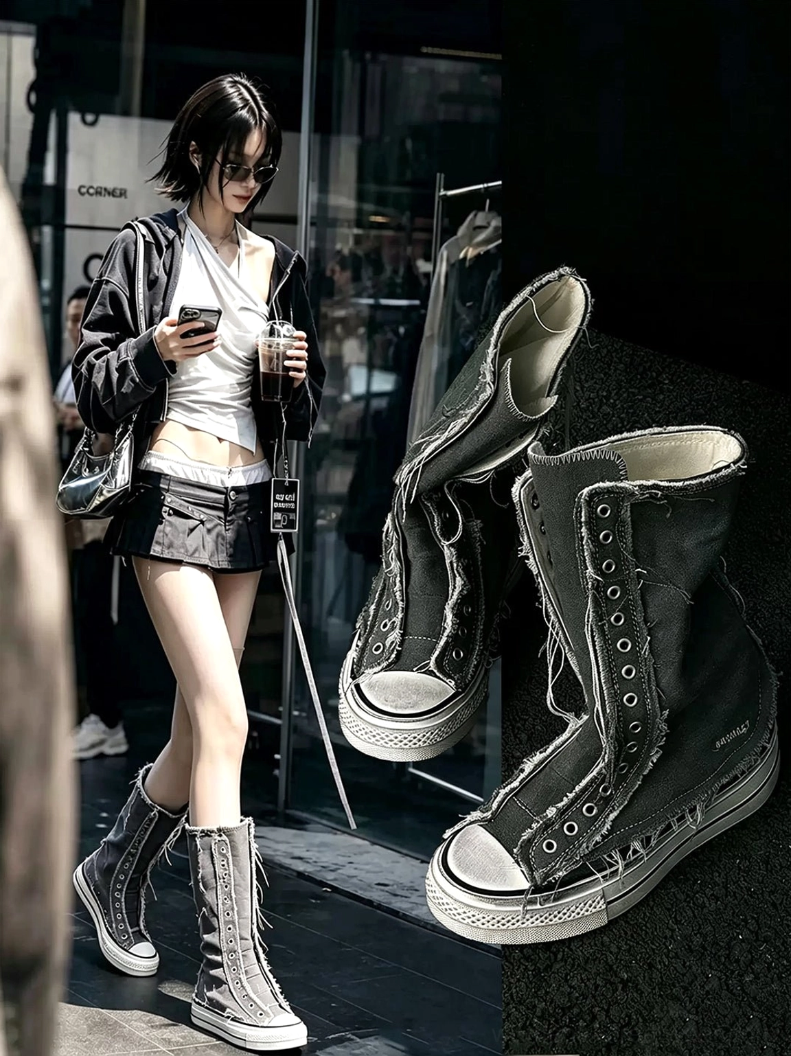Woman wearing distressed dark gray high-top canvas platform boots with a casual Y2K street fashion outfit
